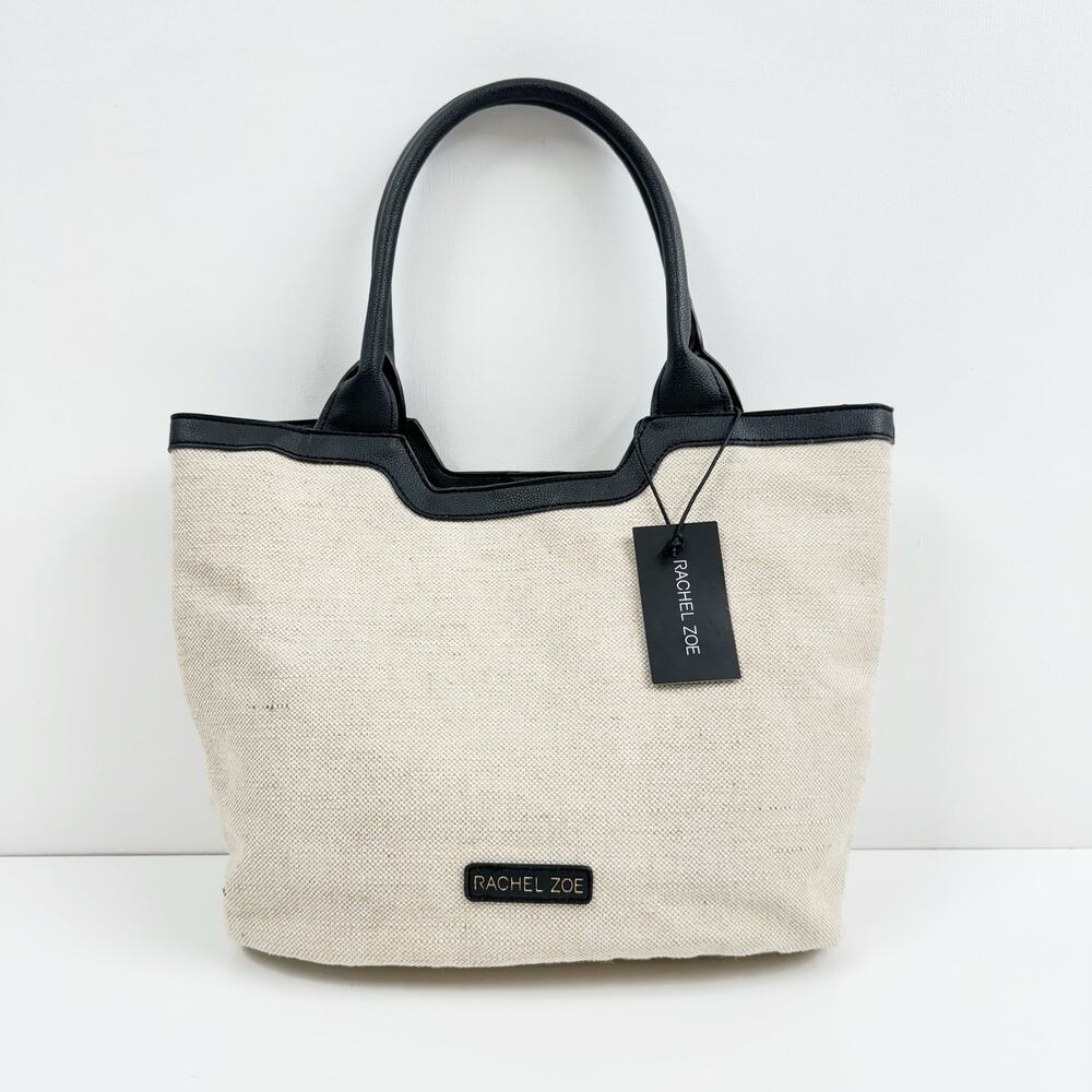 RACEL ZOE Natural Canvas Capri Tote Black Vegan Leather Trim Haohalden 15x4x12 - Picture 2 of 8